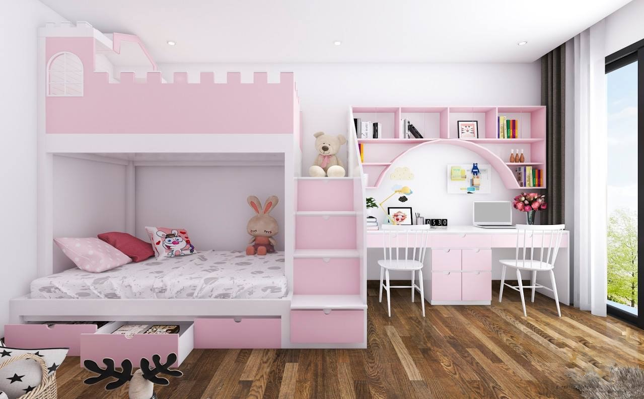 Phòng ngủ bé gái với tông màu hồng ngọt ngào, nữ tính