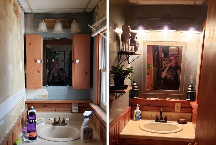 Phòng tắm nhỏ thoáng đãng hơn sau khi di dời hai tủ gỗ đối diện qua gương soi.