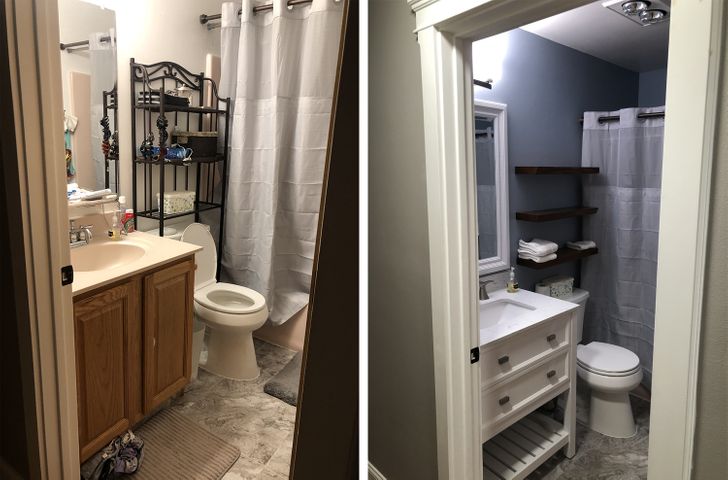 Với màu sơn mới, phòng tắm nhỏ trở nên mát mẻ và dễ chịu hơn.