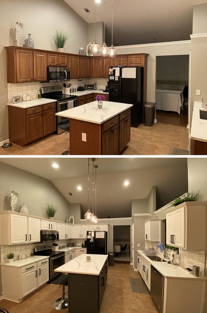 phòng bếp trước và sau khi sơn tủ