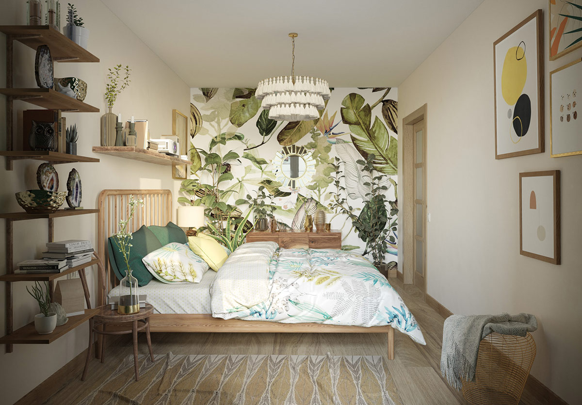 Các yếu tố bằng gỗ tự nhiên nhẹ nhàng bổ sung màu sắc cho phòng ngủ phong cách Boho.