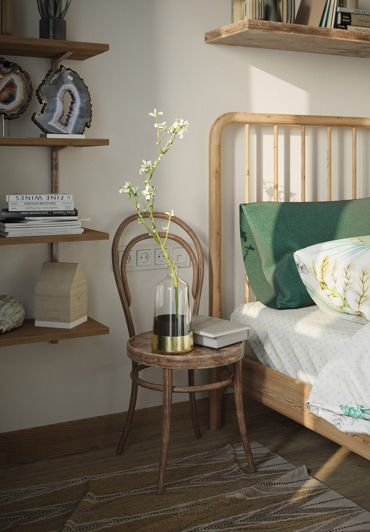 Một chiếc ghế gỗ đượm màu thời gian được sử dụng làm bàn cạnh giường ngủ.