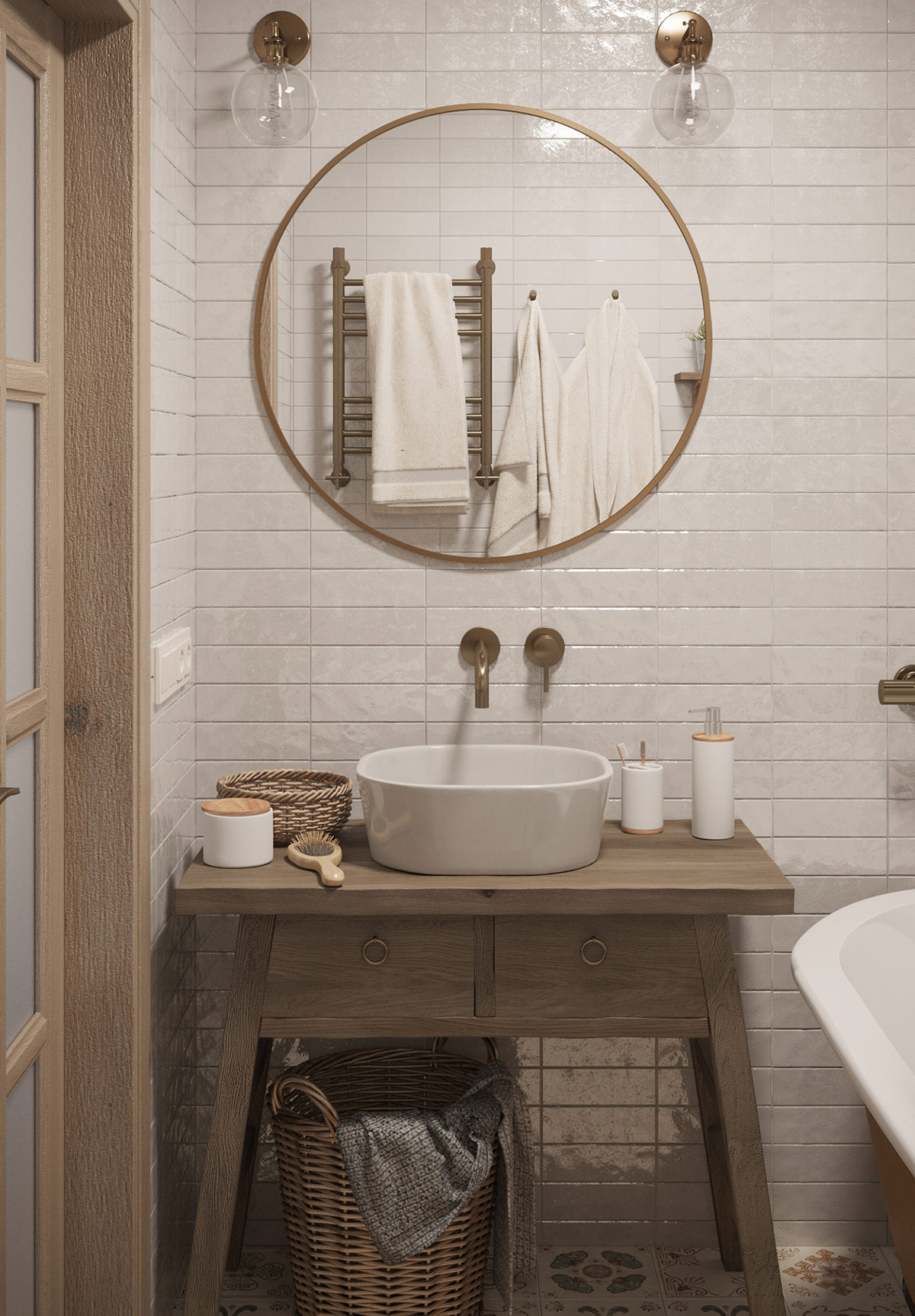 Đồ đạc bằng đồng có tông màu ấm áp, hài hòa với phụ kiện màu gỗ trong phòng tắm căn hộ phong cách Boho.
