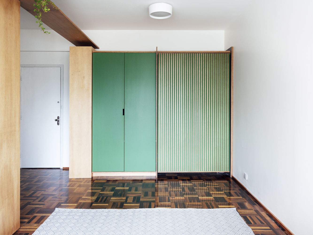 Hệ tủ quần áo tông màu xanh lá cây trong phòng khách tạo điểm nhấn sinh động, hút mắt.