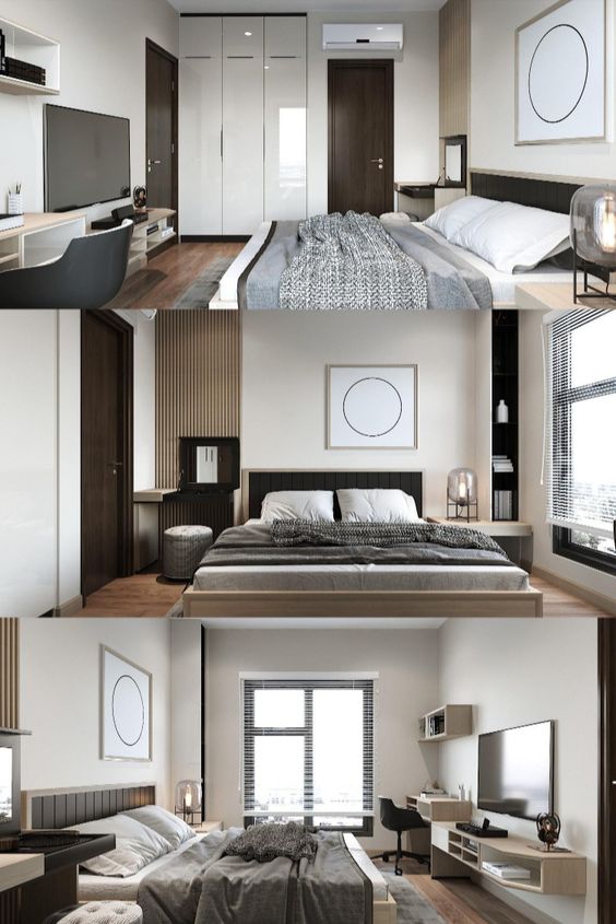 Mẫu phòng ngủ master rộng thoáng dành cho hai vợ chồng với giường đôi, tủ kệ tivi, bàn làm việc, bàn trang điểm