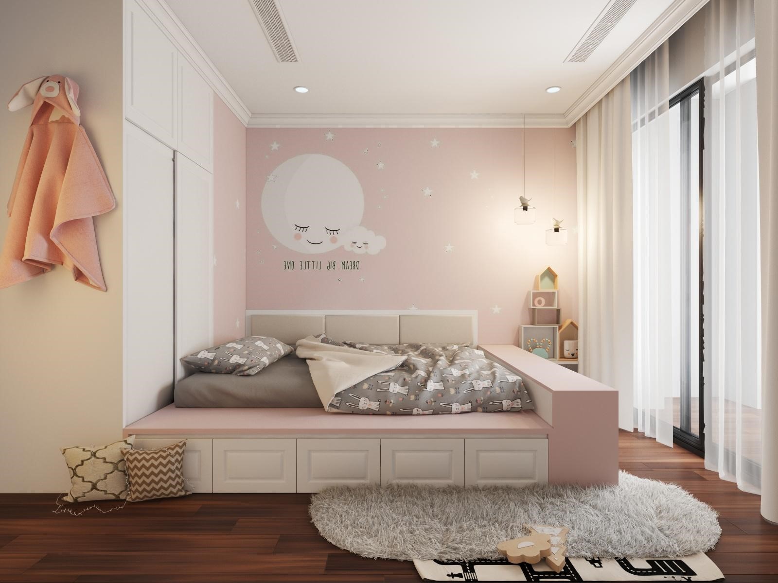 phòng ngủ con gái màu hồng trắng với giường thấp kết hợp ngăn kéo, tranh tường trăng sao