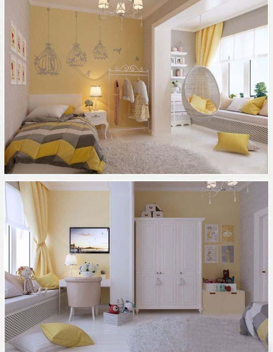 Phòng ngủ con gái trẻ trung, cuốn hút với nội thất đa năng, tông màu vàng chanh tạo điểm nhấn tinh tế, nhất là băng ghế thư giãn bên cửa sổ.
