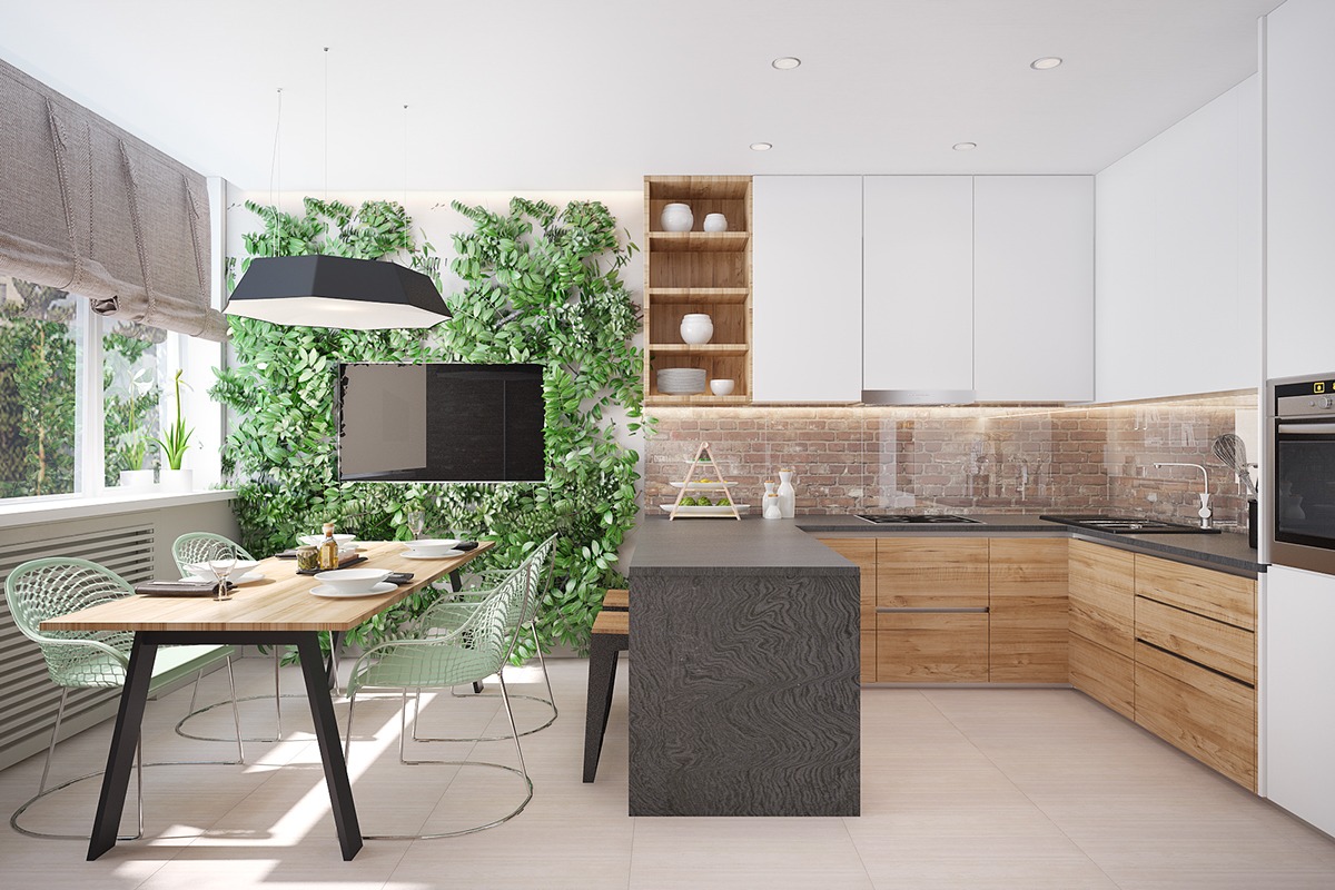 không gian bếp nấu kết hợp phòng ăn hiện đại với điểm nhấn là bức tường cây xanh