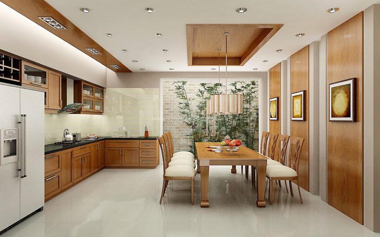 Phòng bếp kết hợp phòng ăn được bài trí với tông màu sáng hơn, cạnh đó là tiểu cảnh sân vườn xanh tươi, sinh động.