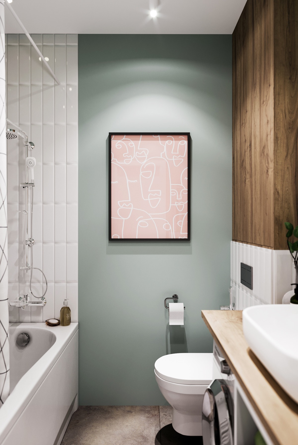 Bức tường màu xanh lá cây nhẹ nhàng trong phòng tắm căn hộ tạo cảm giác thư giãn, thoải mái cho người dùng.