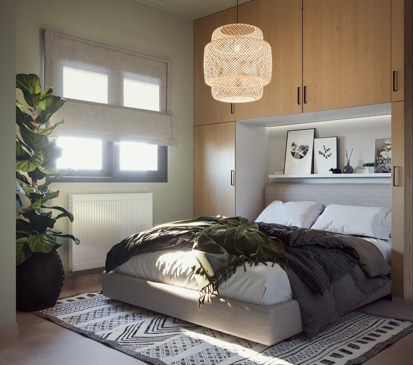 phòng ngủ hiện đại với tủ kệ gỗ bao quanh đầu giường, thảm trài, đèn thả Boho