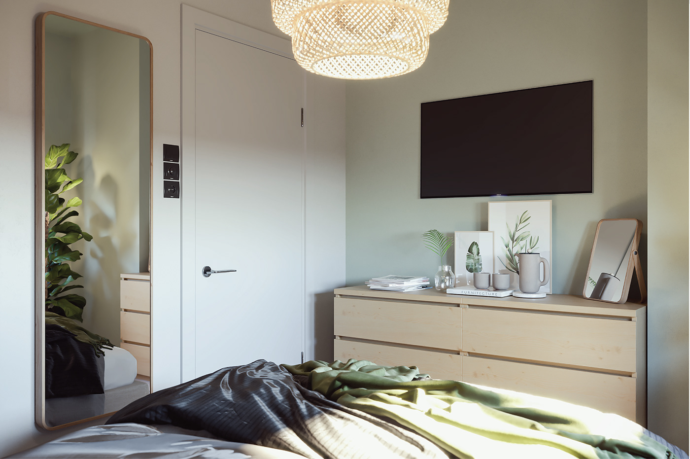 Tông màu trắng chủ đạo và gương lớn gắn tường tạo cảm giác rộng rãi, thoáng sáng hơn cho không gian ngủ nghỉ trong căn hộ 30m2.