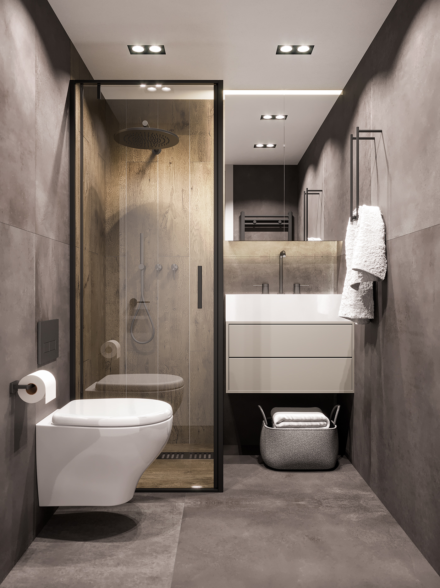 Phòng tắm với tông màu xám chủ đạo, nổi bật là buồng tắm ốp gỗ tạo cảm giác thư giãn, thân thiện cho người dùng.