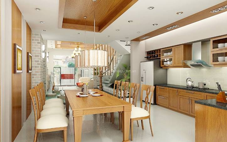 Chỉ với 2 tông màu trắng và gỗ sáng chủ đạo, phòng bếp kết hợp phòng ăn toát lên vẻ hiện đại, ấm cúng, tạo cảm giác gần gũi cho các thành viên mỗi khi dùng bữa.