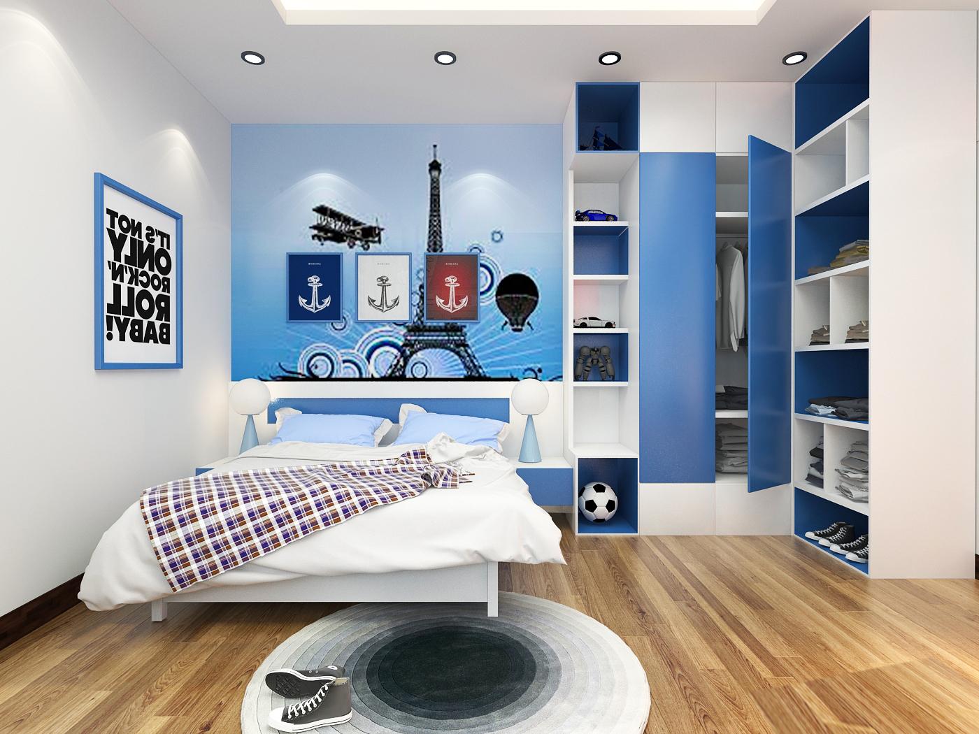 Phòng ngủ của cậu con trai lớn được thiết kế và bài trí theo sở thích của trẻ với sắc xanh dương nhẹ nhàng, tươi mát, trẻ trung.