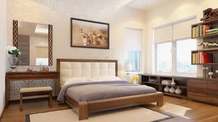 Mẫu phòng ngủ master của vợ chồng gia chủ mang đậm phong cách truyền thống với nội thất gỗ sẫm màu, tranh treo đầu giường, giá kệ lưu trữ, bay đồ trang trí...