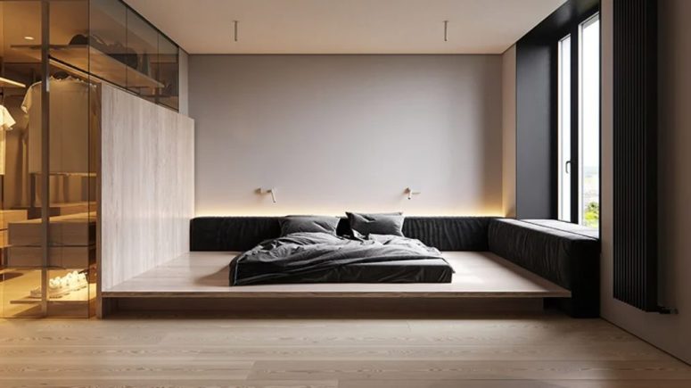 Phòng ngủ được thiết kế tối giản hoàn toàn với giường bệt tích hợp đèn chiếu sáng.