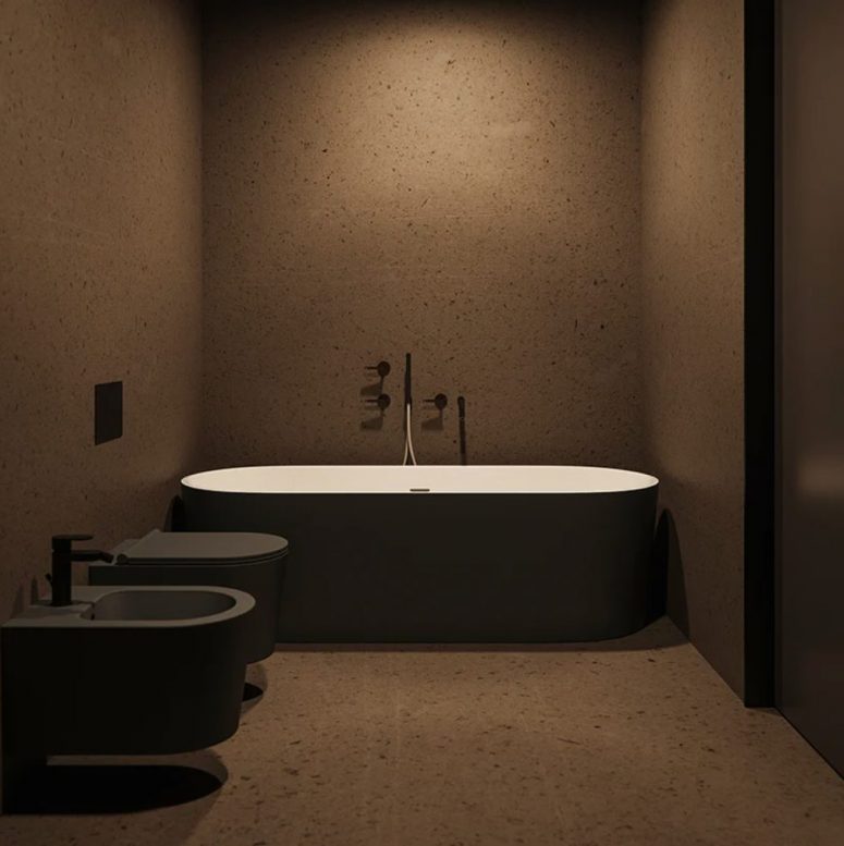 Trong căn hộ tối giản, phòng tắm được thiết kế vô cùng chỉn chu từ lựa chọn nội thất, phối màu và ánh sáng đèn.