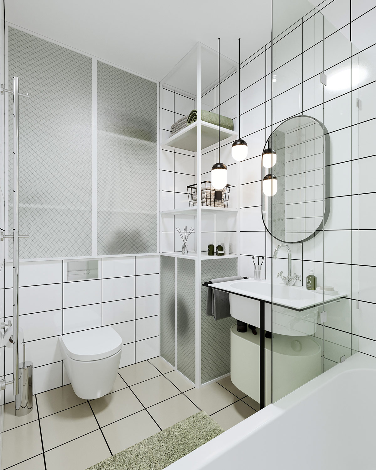 Phòng tắm màu trắng hiện đại, sạch sẽ với đầy đủ các khu vực chức năng gồm bồn tắm, vệ sinh, khu đặt máy giặt sấy.