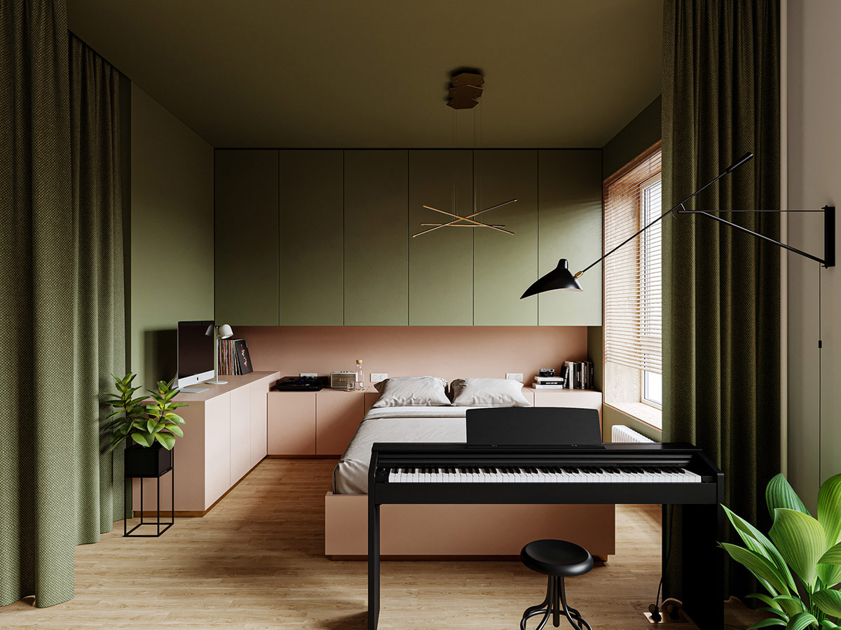 Không gian phòng ngủ trong căn hộ 36m2 trông thật ngọt ngào, hấp dẫn với màu hồng đào và xanh lá cây đặc trưng.