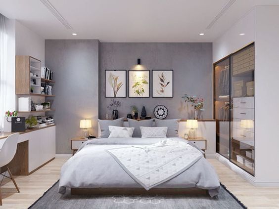 Phòng ngủ master đậm chất Bắc Âu hiện đại, thanh lịch với điểm nhấn là bộ tranh treo tường đầu giường.