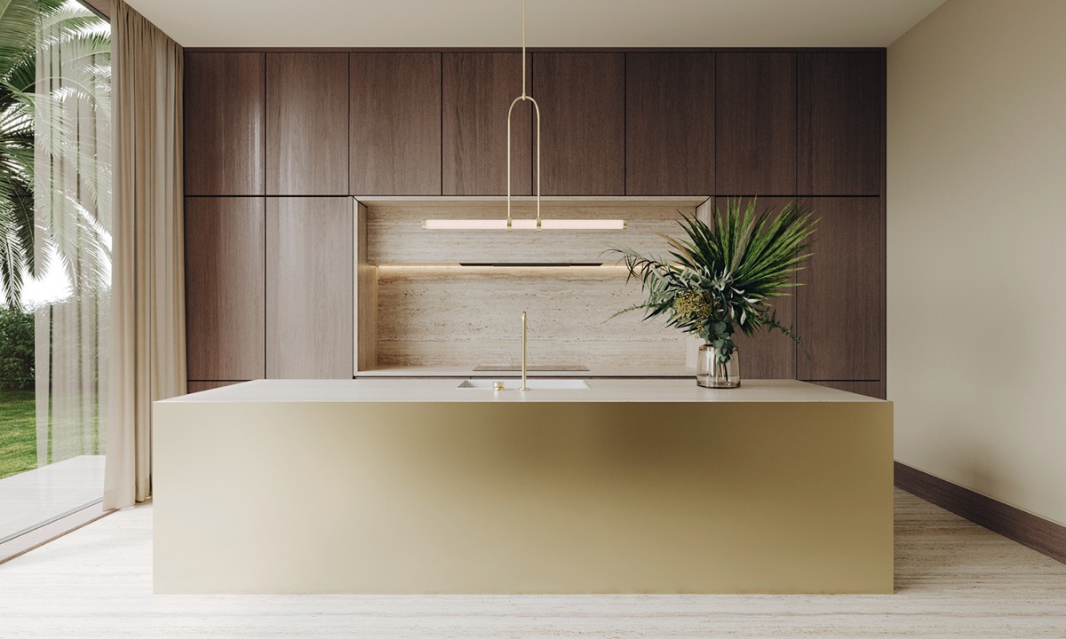 Một đảo bếp bằng kim loại mang đến cho căn phòng một yếu tố đáng kinh ngạc. Cùng với đó là các điểm nhấn vàng trong thiết kế nội thất.