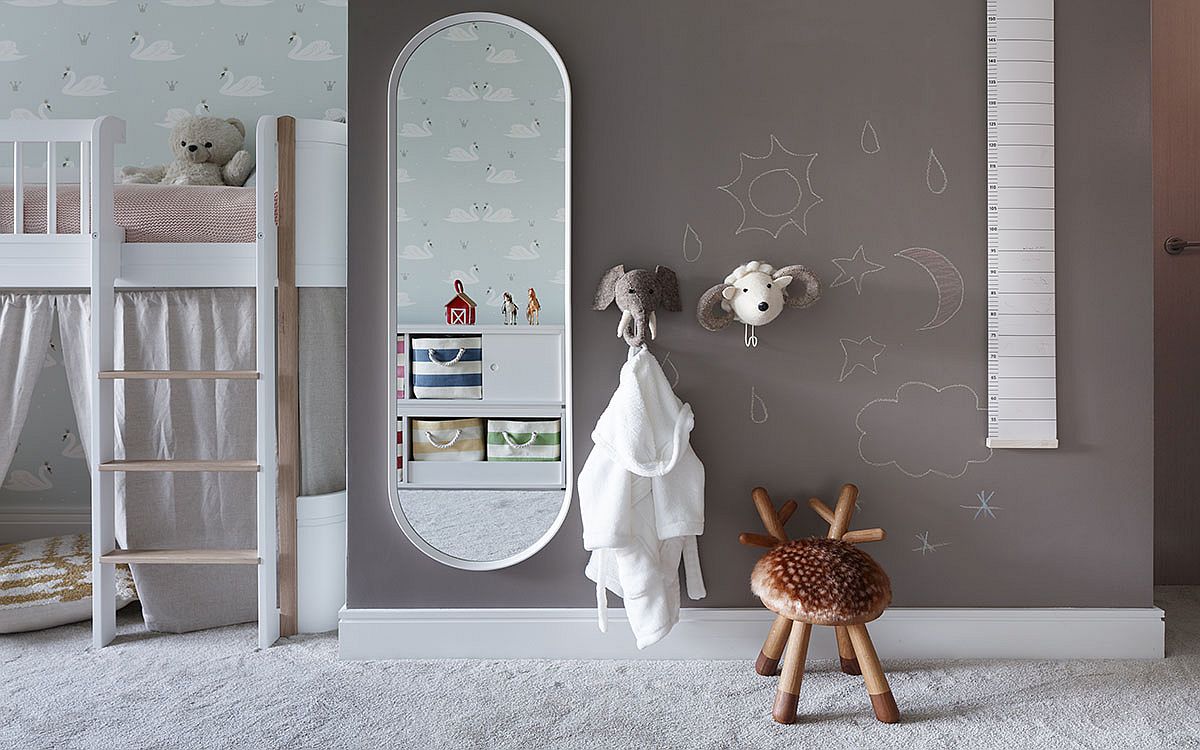 Bức tường màu xám trong phòng ngủ trẻ em là phông nền trang trí lý tưởng và tùy chỉnh.