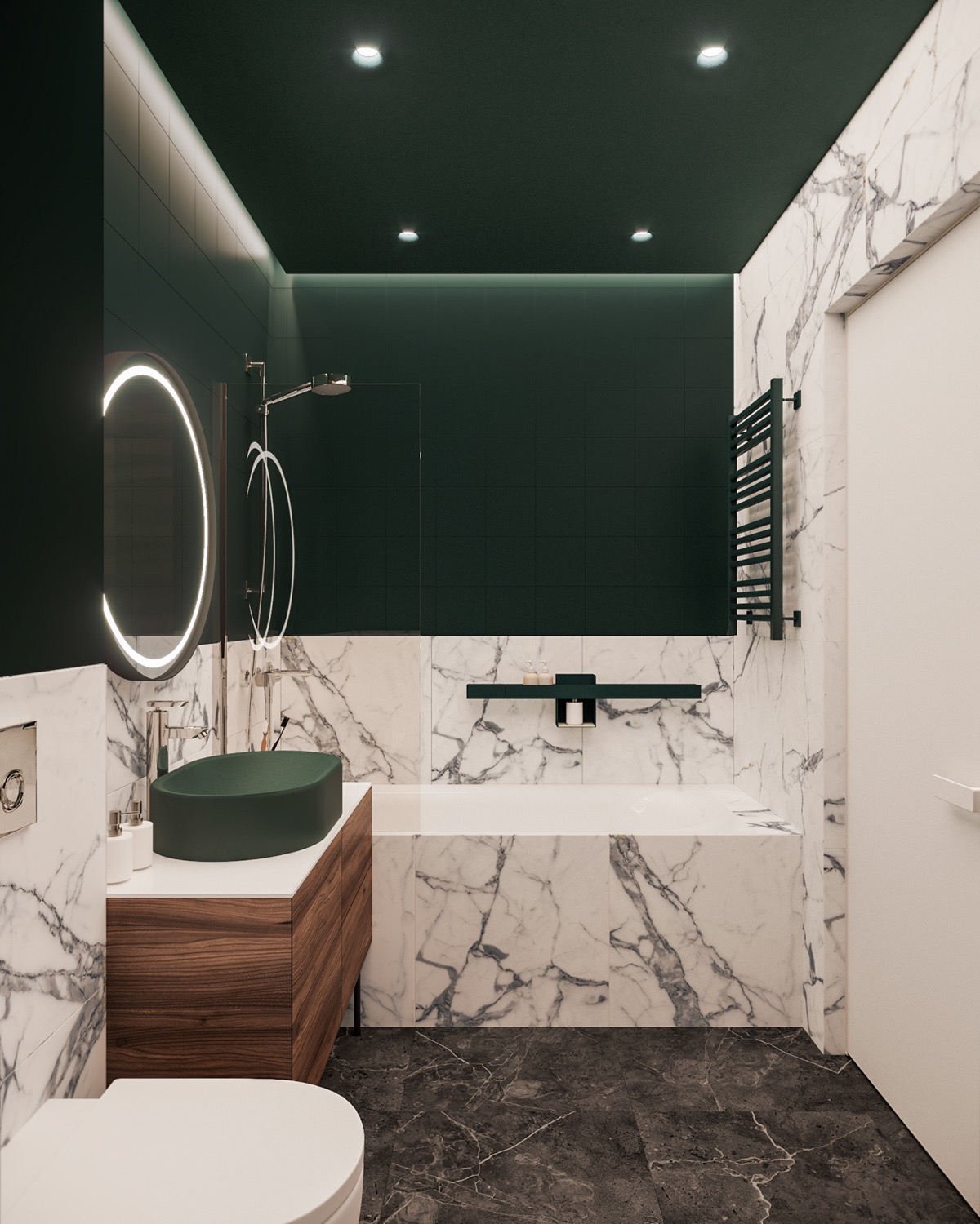 phòng tắm với bồn rửa màu xanh lá cùng tông với màu sơn trần, tường và sàn ốp lát gạch đá cẩm thạch màu trắng sang trọng