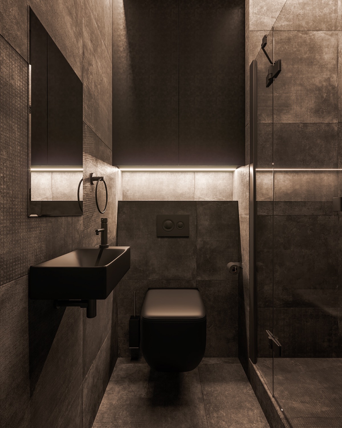 phòng vệ sinh màu đen xám chủ đạo với bồn rửa tay treo tường