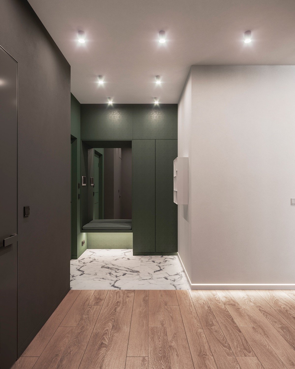 Lối vào căn hộ có thiết kế đơn giản, gọn gàng và tiện dụng với băng ghế ngồi tích hợp tủ kệ màu xanh lá cây.