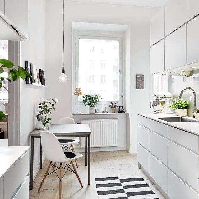 phòng bếp nhỏ màu trắng chủ đạo, cửa sổ kính, cây xanh trang trí