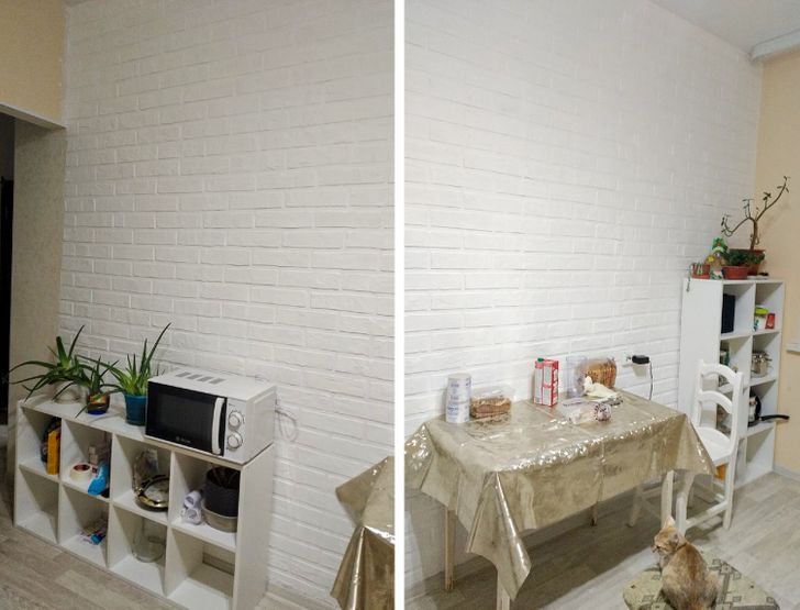 tường gạch giả sơn trắng trong phòng bếp
