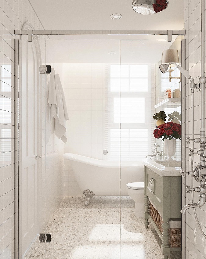 Không gian phòng vệ sinh rất rộng rãi, đầy đủ các chức năng cao cấp từ bồn tắm sục đến phòng tắm riêng biệt với vách kính trong suốt, vòi hoa sen chùm.