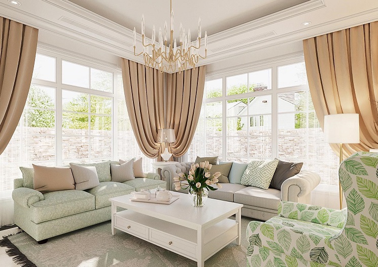 Bộ ghế sofa sang trọng với hoa văn tinh tế kết hợp hài hòa cùng bàn trà màu trắng.