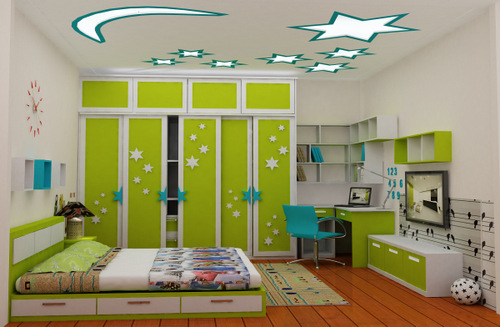 Mẫu phòng ngủ cho con trai với sắc xanh lá cây tạo điểm nhấn ấn tượng. Giường thấp sàn kết hợp ngăn kéo lưu trữ thông mình.