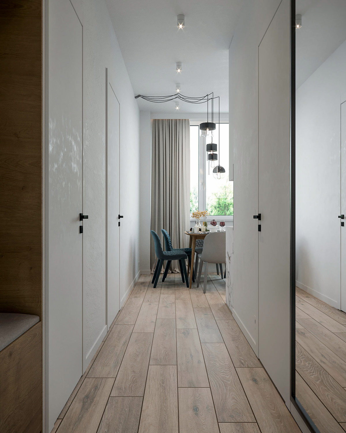 Gương từ trần đến sàn giúp mở rộng tầm nhìn lối vào căn hộ nhỏ.