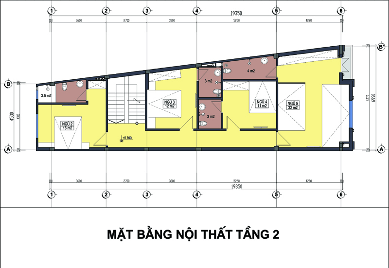 Mặt bằng bố trí nội thất tầng 2 nhà ống