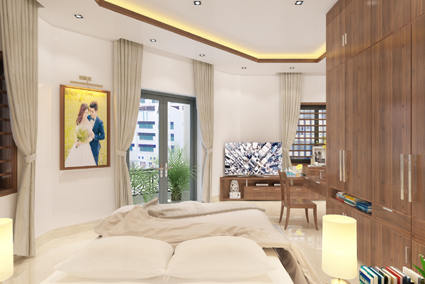 Phòng ngủ master của vợ chồng gia chủ được thiết kế với diện tích rộng rãi, có cửa kính lớn mở ra ban công đón nắng gió tự nhiên.