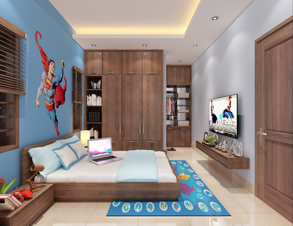 phòng ngủ với tranh tường siêu nhân, thảm trải màu xanh dương nhẹ nhàng