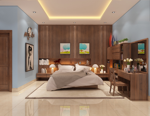 Bức tường đầu giường ngủ được decor ấn tượng với tranh sáp màu tươi tắn, kệ âm tường kết hợp đèn LED trang trí hút mắt.