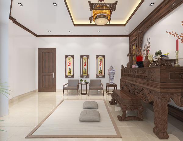 Không gian phòng thờ rộng rãi, sử dụng nội thất gỗ sẫm màu được chạm trổ cầu kỳ, nổi bật trên phong nền màu trắng sáng chủ đạo.