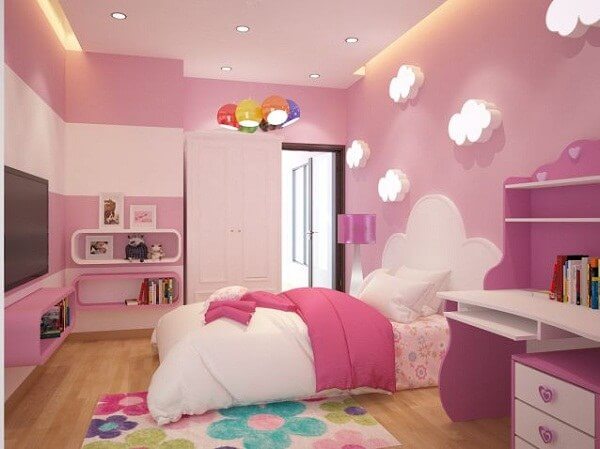 phòng ngủ trẻ em tông màu hồng - trắng ngọt ngào