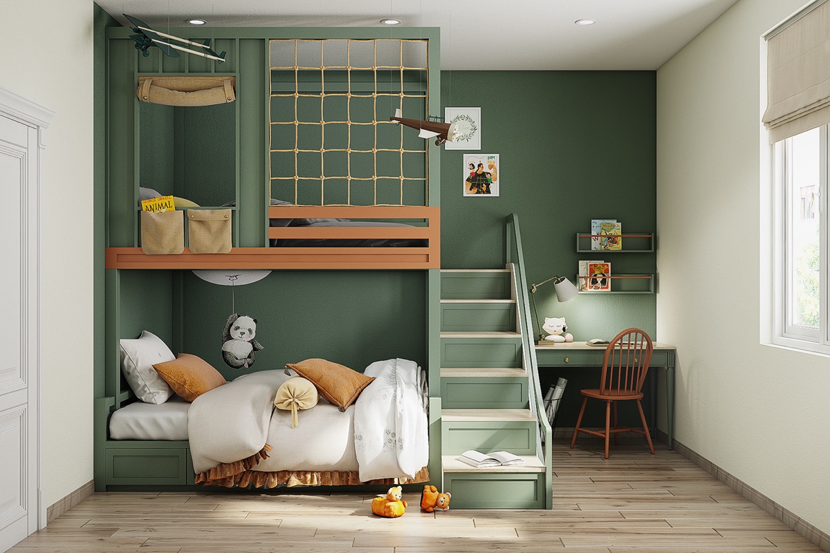 Phòng của trẻ với bảng màu xanh lá cây và nâu gỗ kết hợp ăn ý, tạo cảm giác gần gũi với thiên nhiên