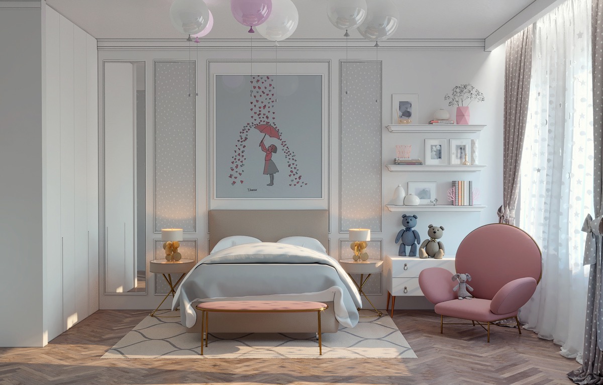 phòng ngủ cho con gái nổi bật với ghế tựa màu hồng pastel