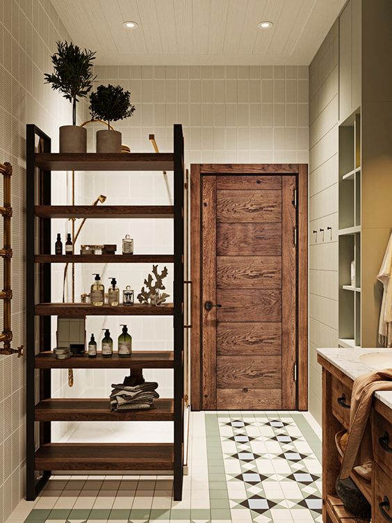 Không chỉ giúp cất gọn vật dụng cá nhân, kệ gỗ còn đóng vai trò là vách ngăn phân chia các khu vực chức năng trong phòng tắm.