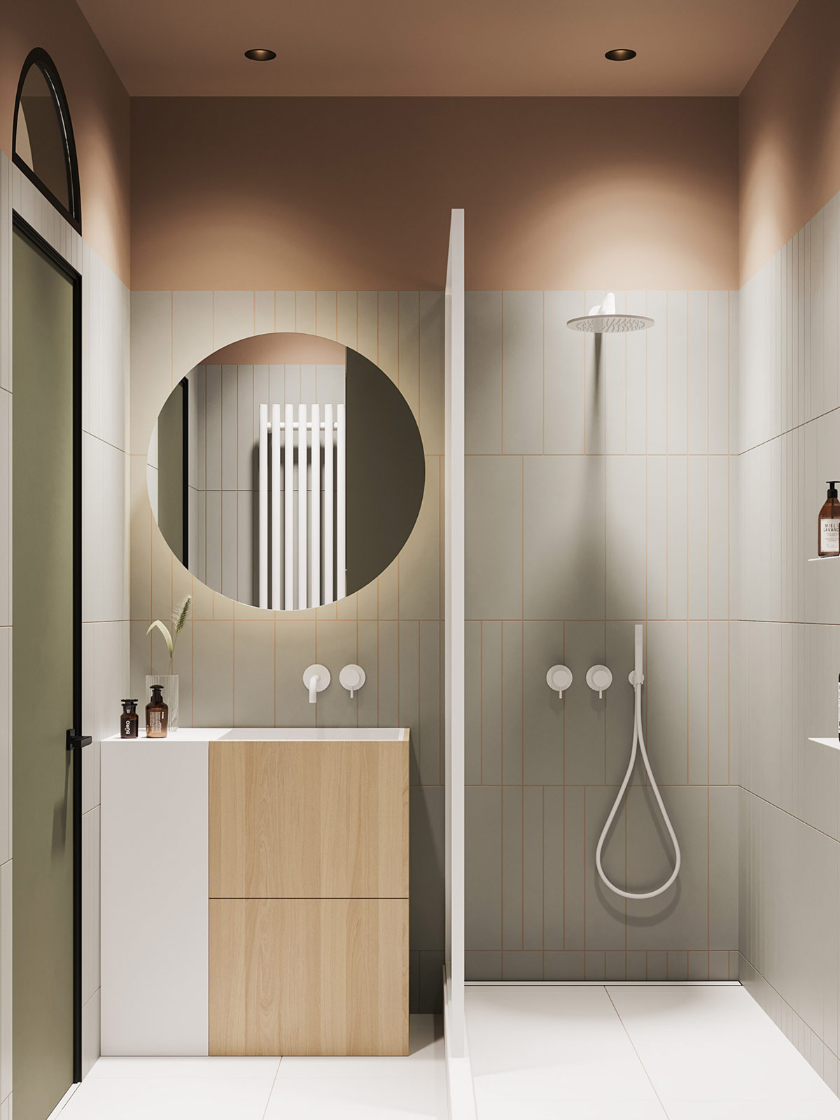 Điểm nhấn của căn hộ 79m2 là phòng tắm ngọt ngào với những viên gạch thẳng đứng kết hợp keo chà ron màu sắc hài hòa.