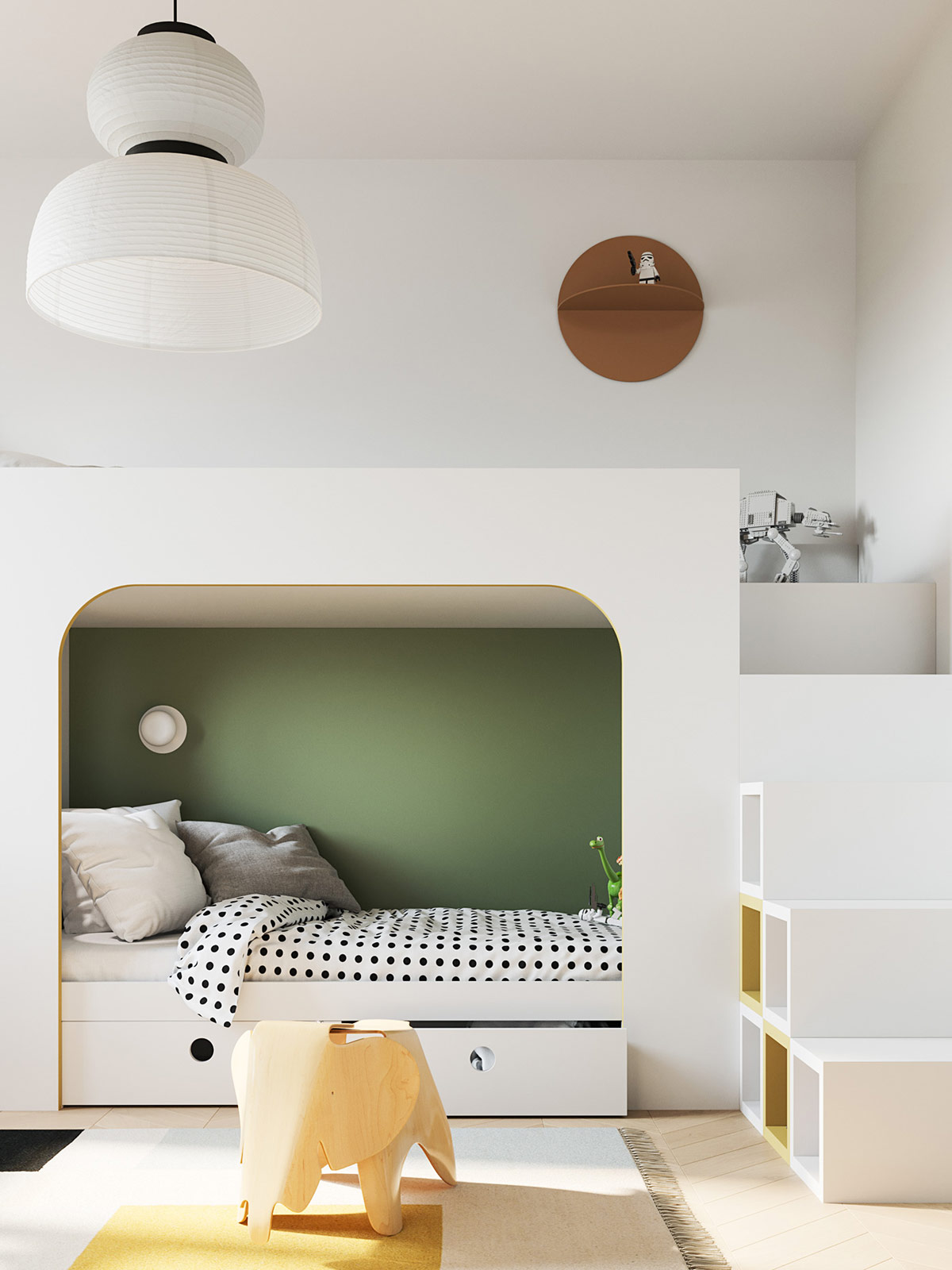 Họa tiết cửa hình vòm cũng được ứng dụng trong thiết kế giường trẻ em. Sắc xanh lá giúp gia tăng chiều sâu cho không gian phòng.