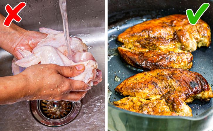 hình ảnh rửa thịt gà dưới vòi nước và chiên trên chảo