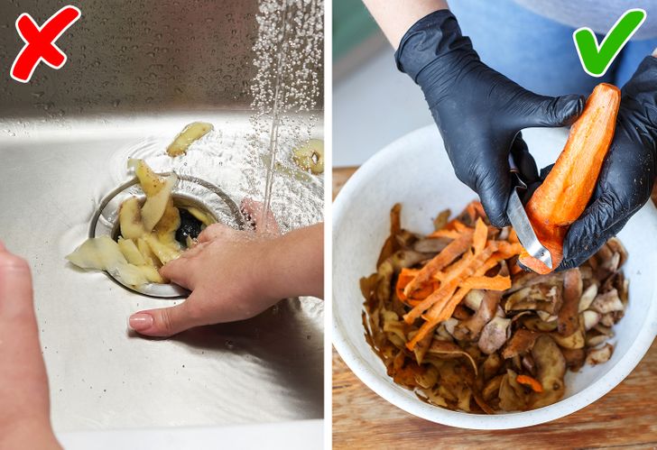 hình ảnh minh họa cho việc cắt gọt vỏ khoai tây cho vào bồn rửa gây tắc nghẽn