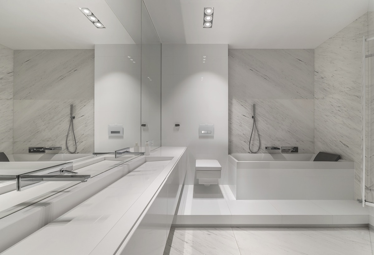 Phòng tắm - không gian tối giản màu trắng tinh khiết, với điểm nhấn là kết cấu  đá cẩm thạch sang trọng.